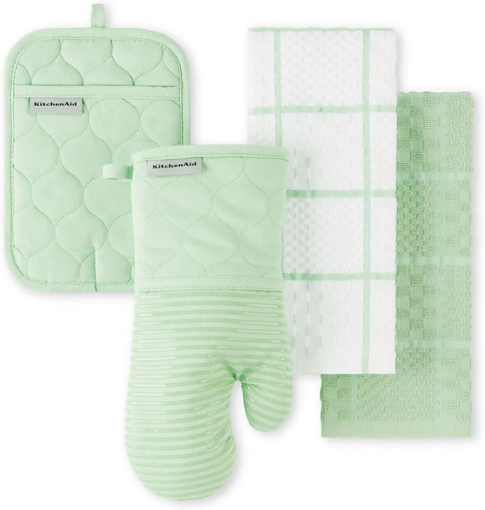 KitchenAid Quilted Cotton Terry Cloth Oven Mitt, Pot Holder, Kitchen Towel 4-Pack Set, Heat Resistant, Silicone Grip, Gift Set, Matte Black, 16"x26", 7"x13" & 7"x10"