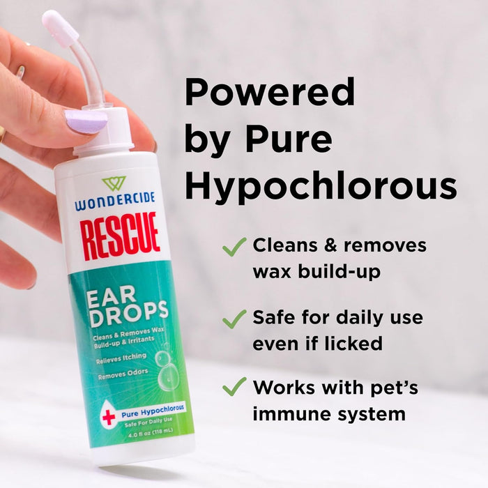 Wondercide Rescue - Ear Drops for Pets - Cleans and Removes Wax Build-Up and Irritants for Dogs and Cats - Relieves Itching and Redness with Pure Hypochlorous - 4 oz