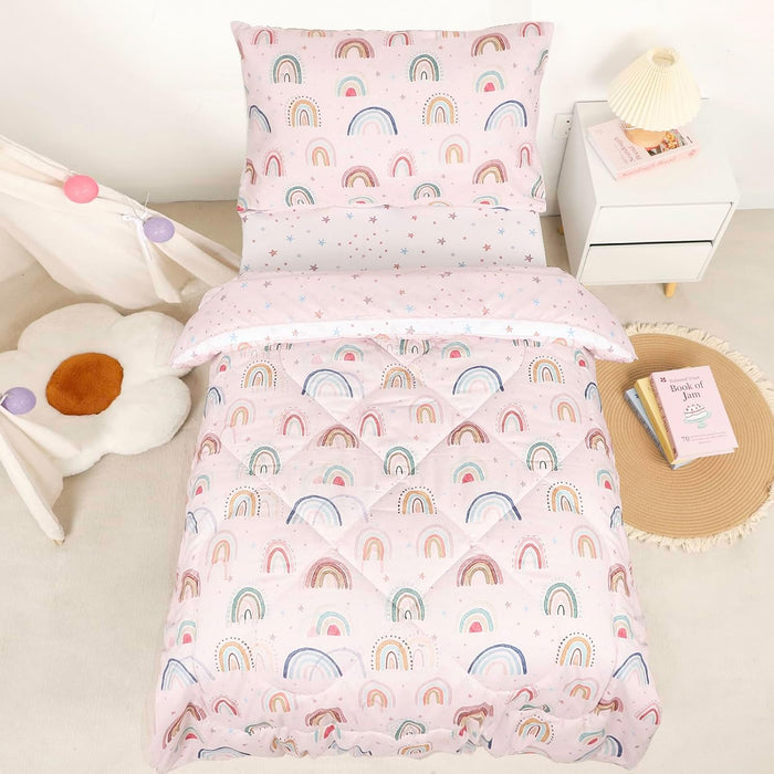 Toddler Bedding Set for Girls, 4 Piece Rainbow Toddler Girl Bedding Set, Super Soft & Lightweight Toddler Comforter Set Includes Comforter, Flat Sheet, Fitted Sheet, Pillowcase (Pink)