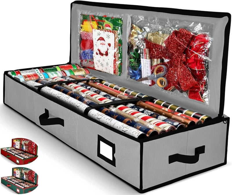 Premium Wrapping Paper Organizer Storage | Gift Wrap Holder With Extra Pockets for Christmas Decorations, Reinforced Handles, Heavy Duty, Ultra-Durable, Tear-Proof Fabric - Fits Up to 27 Rolls (Black)