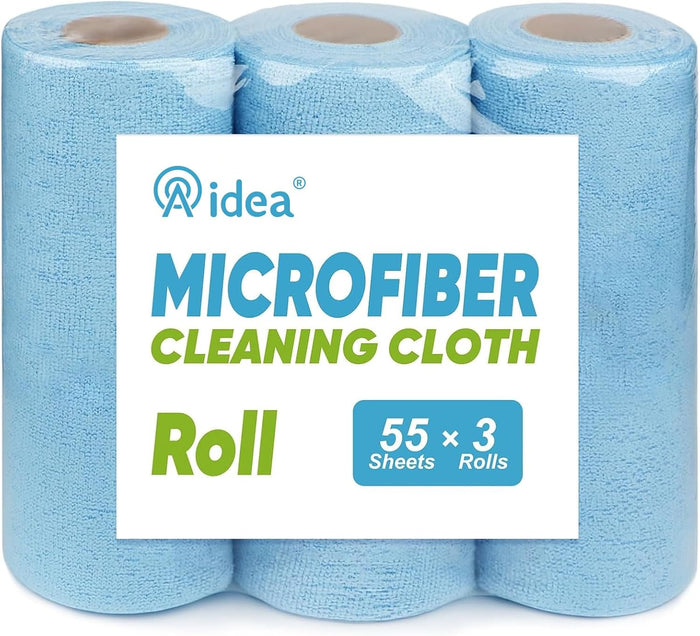 AIDEA Microfiber Cleaning Cloth Roll, Blue Shop Towels 55 Sheets Washable, Microfiber Towels for Cars, Blue Rags Reusable Paper Towel for Automotive, Workshop, House, Kitchen, Cleaning Supplies11×9"