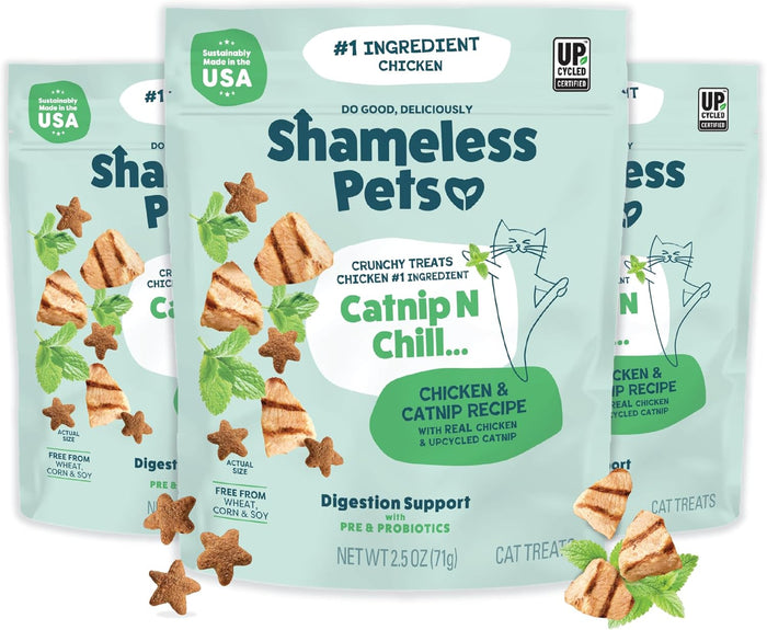 Shameless Pets Crunchy Cat Treats - Catnip Treats for Cats with Digestive Support, Kitten Treats with Real Chicken, Natural & Healthy Flavored Feline Snacks - Catnip N Chill, 1-Pk (12 Oz)