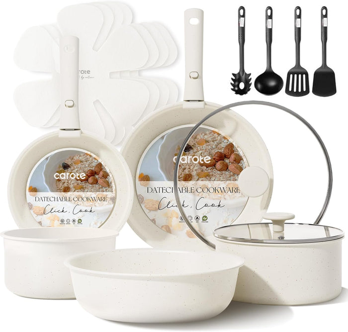CAROTE 19pcs Pots and Pans Non Stick, Cookware Sets Detachable Handle, Induction Kitchen Pots and Pans,NonStick Cooking Set, Oven/Dishwasher/Fridge Safe, Space Saving