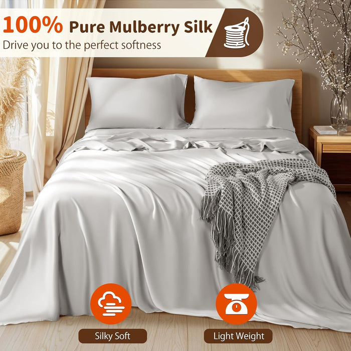 LBRO2M 100% Mulberry Silk Satin Sheets Set King Size Silk Fitted Sheet16 Deep Pocket Cool Bedding Sheet 4 Piece Wrinkle Resistant (King, Gray)