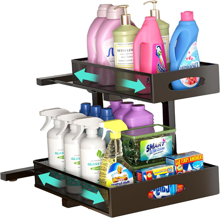 Under Sink Organizer, Extra-Wide Upgrade, 2-Pack of 2-Tier Metal Slide Out Cabinet Organizer, Height Adjustable Organization and Storage Series, Bathroom/Cabinet/Kitchen organization, Black