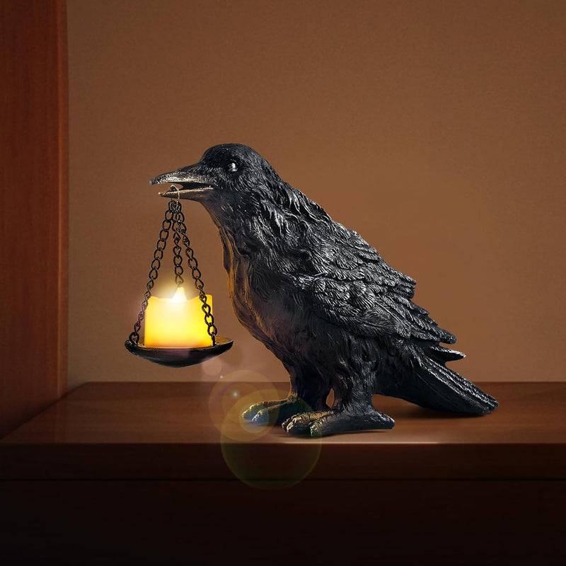 Halloween Decorations Indoor Gothic Home Decor Raven Lamp Tealight Holder for Bedroom Fake Crow Candle Holder Halloween Table Decorations Black