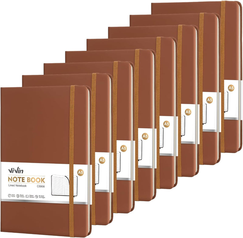 ViVin Lined Journal Notebooks for Work, 192 Pages, Medium 5.5 x 8.3 inch, College Ruled, A5 Hardcover Journaling Notebooks for Writing, 8 Pack Bulk,Black