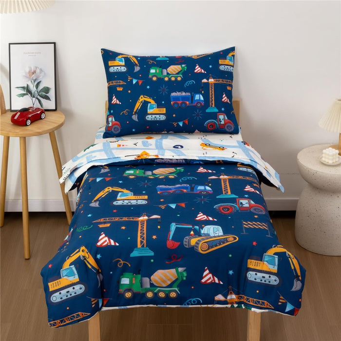 NTBED 4 Pieces Construction Toddler Bedding Set for Baby Boys,Tree Truck Vehicles Excavator Cars Printed, Includes Comforter, Flat Sheet, Fitted Sheet and Pillowcase,Light Grey