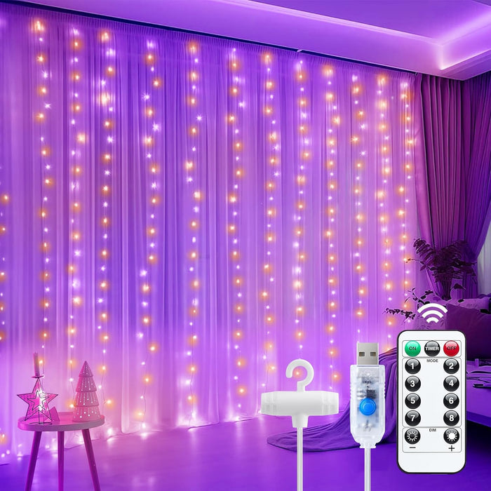 Minetom Curtain Lights, 300 LED Dimmable Fairy Lights with Remote and Timer, 8 Modes, USB Powered String Lights for Room Wall Party Xmas Indoor Decor, Warm White