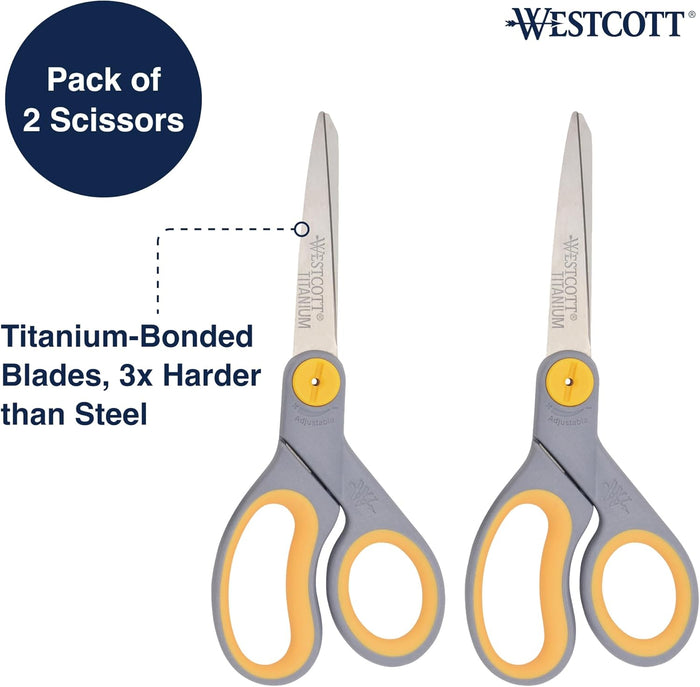 Westcott 8-Inch Titanium-Bonded Scissors with Adjustable Glide Feature for Office and Home - Gray/Yellow, 2-Pack
