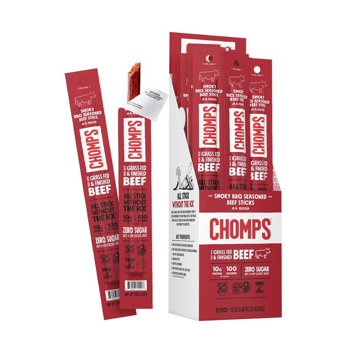 Chomps Grass-Fed and Finished Original Beef Jerky Snack Sticks 24-Pack, Keto, Paleo, Whole30, 10g Protein, Gluten-Free