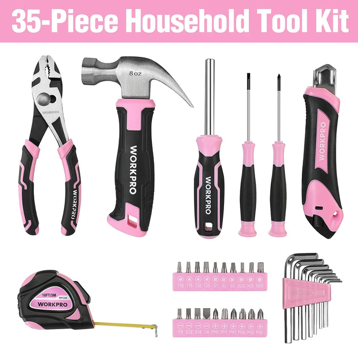 WORKPRO 35-Piece Pink Tools Set, Household Tool Kit with Storage Toolbox, Basic Tool Set for Home, Garage, Apartment, Dorm, New House, Back to School - Pink Ribbon