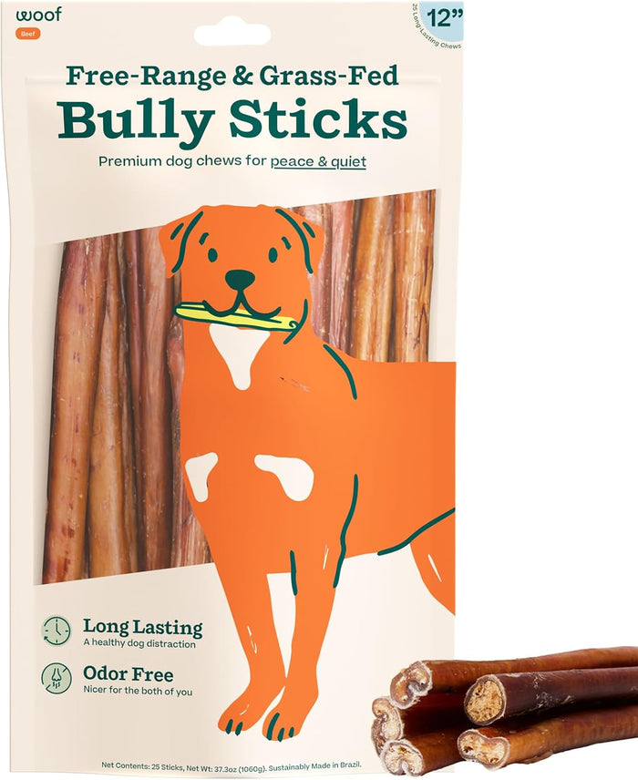 WOOF Bully Sticks Dog Treats - Chew Sticks for Dogs - Long-Lasting Dog Chew Treats - Made with Free-Range, Grass-Fed Beef - 6" Sticks - 25pk
