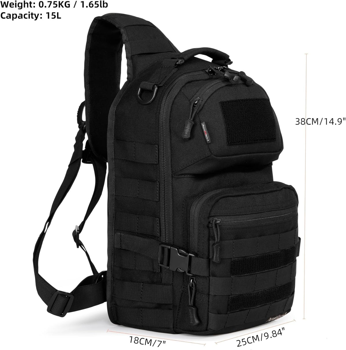 Military Tactical Crossbody Sling Bag One Strap Backpack 15L Black | Fit 12 Inch Laptop, Molle, Travel, Hiking, Daily Use