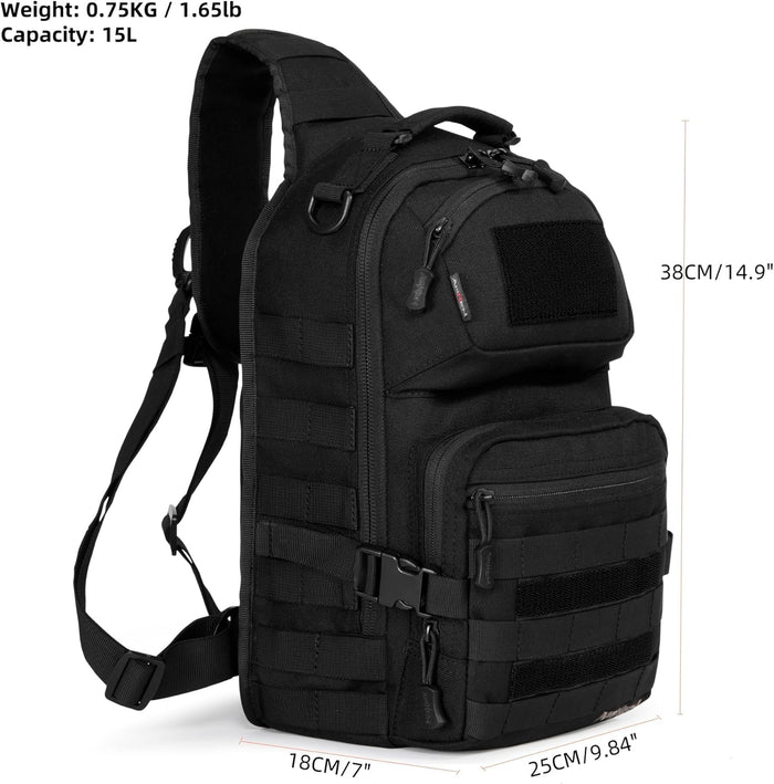 Military Tactical Crossbody Sling Bag One Strap Backpack 15L Black | Fit 12 Inch Laptop, Molle, Travel, Hiking, Daily Use