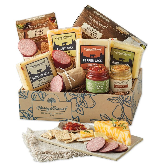 Harry & David Ultimate Meat And Cheese Gift Box, Food Gift Basket, Charcuterie Platter With 4 Cheese Blocks, 4 Sausages, 5 Sets Of Crackers, Sesame Sticks, Relish & Honey Mustard Sauces