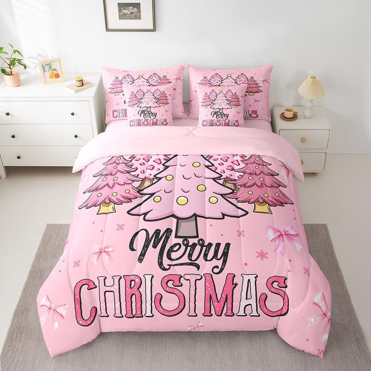 Feelyou Cute Santa Claus Bed Set Boys Girls Twin Size Snowflake 7 Pieces Beeding Set Ultra Soft Winter Bed in a Bag with Comforter, Sheets, Pillowcases Christmas Tree Room Decor Christmas Decorations