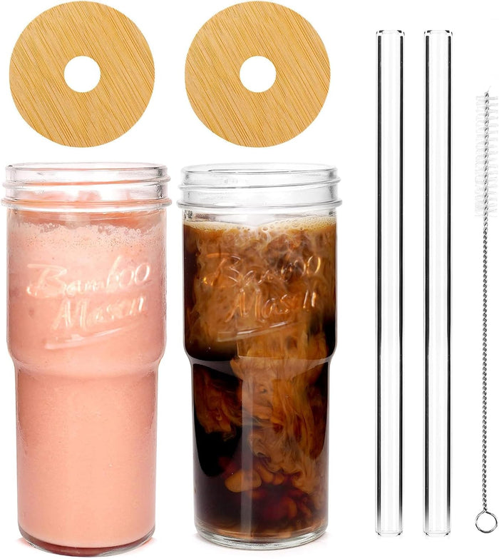ANOTION Glass Cups with Lids and Straws - 24 oz Tumbler with Handle Halloween Coffee Cups Glass Straws Mason Jar Cups Drinking Set Kitchen Essentials Coffee Bar House Warming Gifts New Home
