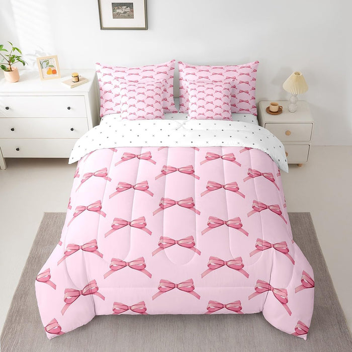 Feelyou Bow Bed Set Boys Kids Girls Twin Size Bow Pattern 7 Pieces Beeding Set Ultra Soft Cute Coquette Bow Knot Bed in a Bag with Comforter, Sheets, Pillowcases Girly Room Decor Bow Decor