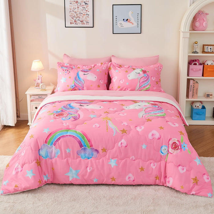 Wajade 7 Piece Pink Bow Bedding Set for Girls Kids Full Size Comforter Set with Sheet and 2 Pillowcases 2 Pillow Shams Cute Girls Bed in a Bag as Birthday Choice