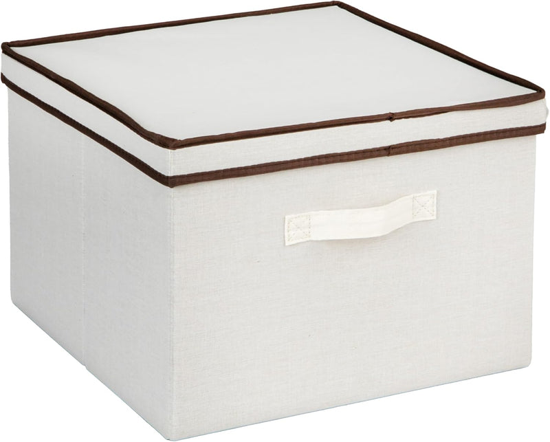 Household Essentials 515 Storage Box with Lid and Handle- Natural Beige Canvas with Brown Trim- Jumbo
