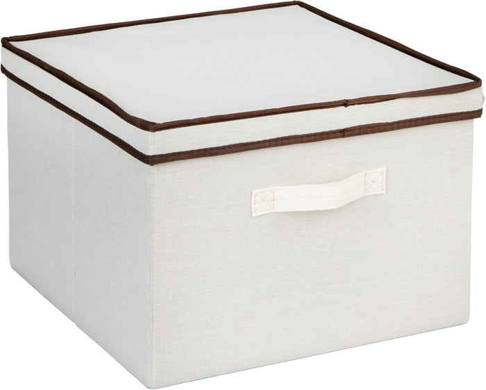 Household Essentials 515 Storage Box with Lid and Handle- Natural Beige Canvas with Brown Trim- Jumbo
