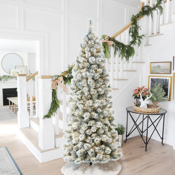 Glitzhome 7.5ft Pre-Lit Green Fir Christmas Tree, Cascade Evergreen Slim Artificial Holiday Christmas Tree with with 350 Strawberry Lights,9 Functional Warm White/Multi-Color, Remote Controller