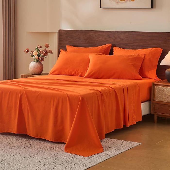MEISHANG 100% French Pure Linen Sheets King Size - Bed Sheets 4 Piece Sets, Soft Durable Flax Linen, Anti-Tear Breathable Oeko-Tex Certified with 16" Deep Pocket (Orange)