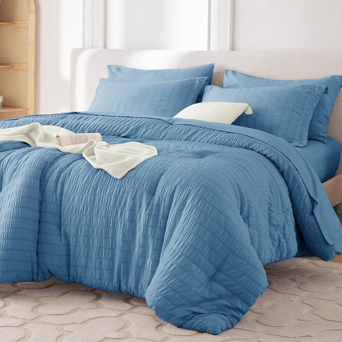 MUXHOMO 7 Pieces Queen Comforter Set, Seersucker Bed in a Bag Queen Size, All Season Luxury Bedding Set with Comforter, Flat Sheet, Fitted Sheet, Pillowcases & Shams, Pink