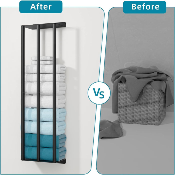 Towel Racks for Bathroom 31 Inch - Wall Mounted, Solid 2 Metal Shelves and 3 Vertical Bars, Can Holds 6 Large Rolled Bath Towels - for Modern Decor Bathroom Towel Storage (Matte Black)