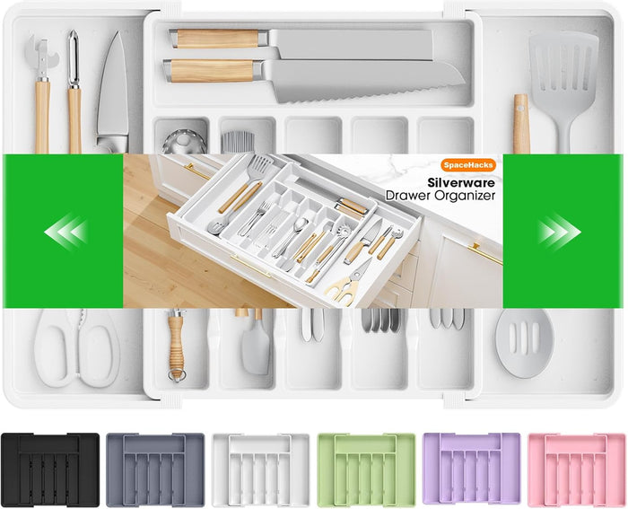Silverware Organizer，Adjustable & Expandable Utensil Drawer Organizer, BPA Free Utensil Holder, Cutlery Tray for Forks, Spoons, Knives in Kitchen, Medium, Black