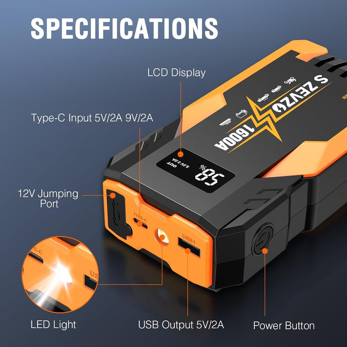 S ZEVZO ET05 Jump Starter 1600A Portable Car Jump Starter Battery Pack for Up to 7.2L Gas and 5.5L Diesel Engines 51.8Wh 12V Jump Box with USB Ports, LCD Display and LED Light