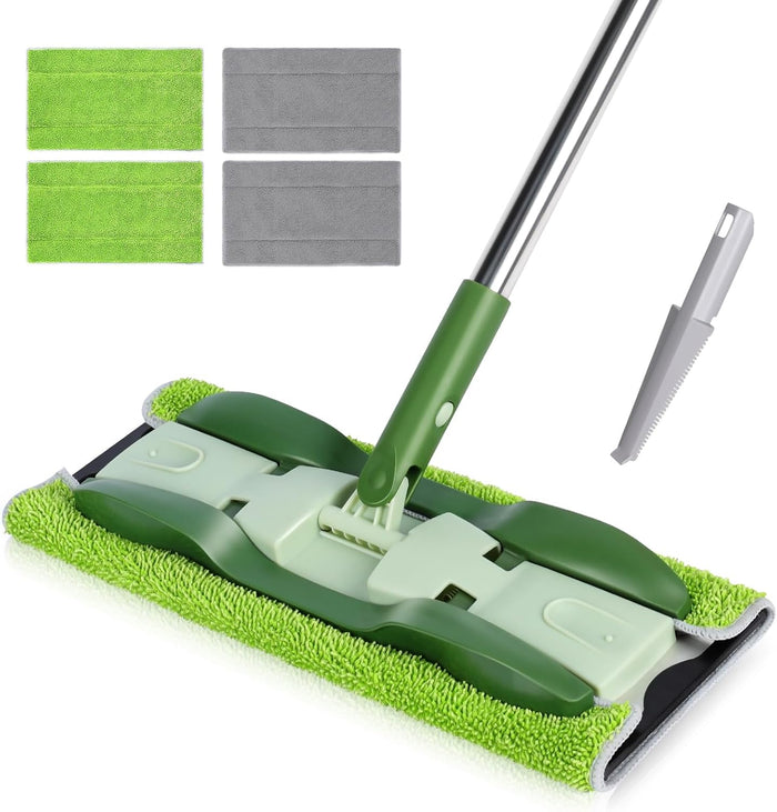 Masthome Extra Large Microfiber Mop for Floor Cleaning, 16“ Flat Mop with 5 Pad for Wet & Dry Use, Dust Mop for Hardwood Laminate Tile Ceramic, 1 Cleaning Scraper Included-Blue