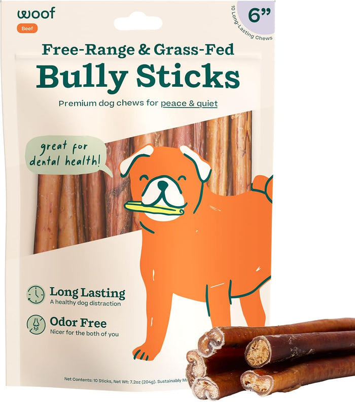 WOOF Bully Sticks Dog Treats - Chew Sticks for Dogs - Long-Lasting Dog Chew Treats - Made with Free-Range, Grass-Fed Beef - 6" Sticks - 25pk