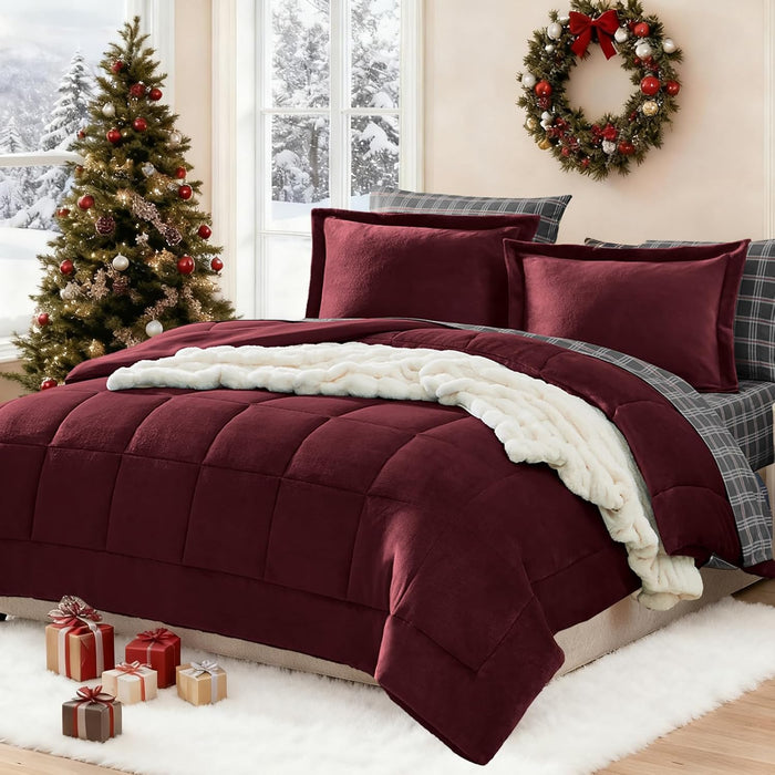 Plush Queen Comforter Set Light Taupe, Flannel Velvet Comforter Sets 7 Pieces Bed in a Bag, Soft Warm Winter Bedding Set with Sheets, Pillowcases & Shams