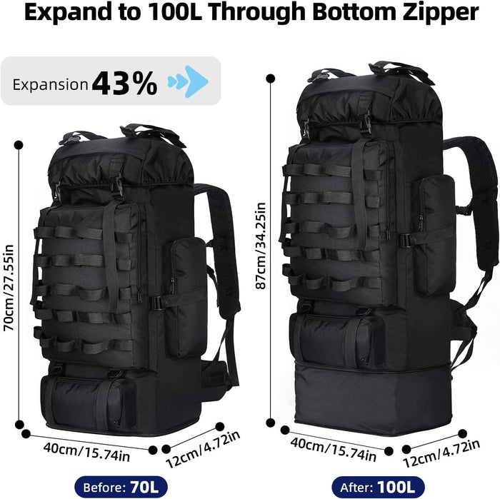 70L/100L Camping Hiking Backpack with Rain Cover, Expandable Large Military Tactical Backpack, Waterproof Molle Racksack Travel Backpacking Daypack for Climbing Trekking (Black)