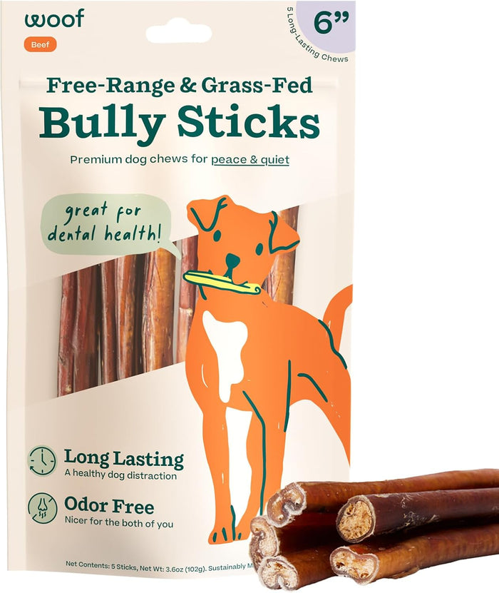 WOOF Bully Sticks Dog Treats - Chew Sticks for Dogs - Long-Lasting Dog Chew Treats - Made with Free-Range, Grass-Fed Beef - 6" Sticks - 25pk