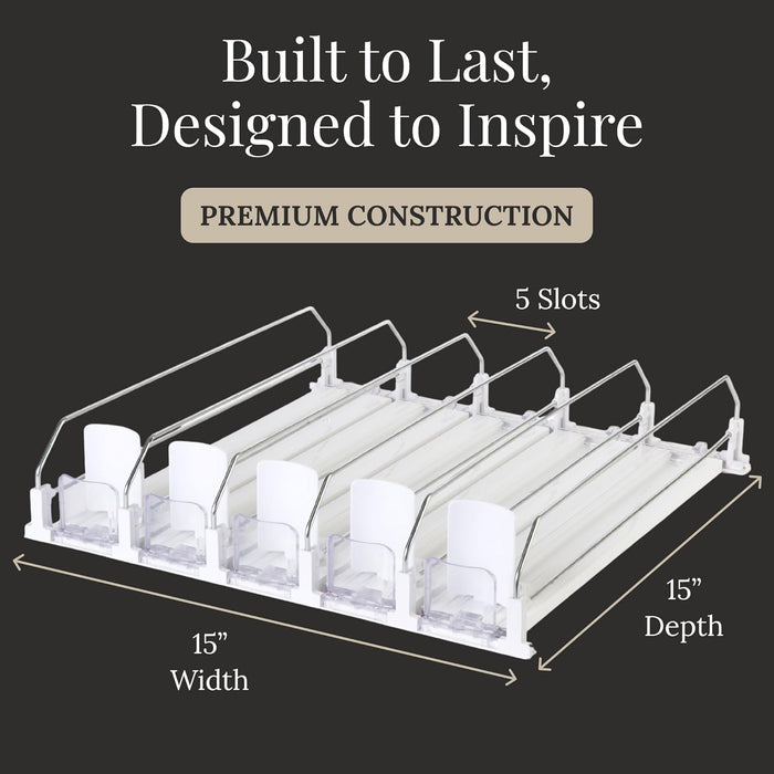 5-Piece Can Organizer for Refrigerator – Spring-Loaded Drink & Bottle Holder for Soda, Water, and More– Sliding Beverage Rack for Fridge, Pantry, Kitchen, RV Storage (White)