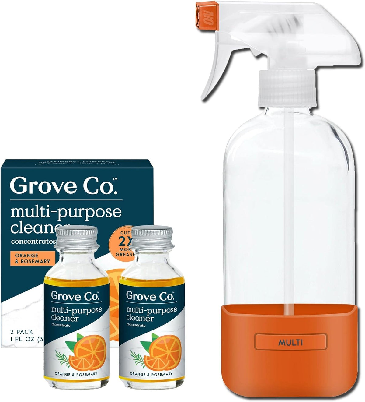 Grove Co. Multi-Purpose Cleaner, Refill Concentrate (2 x 1 Oz) + Glass Spray Bottle (16 Oz), Plant-based Household Cleaning Supplies Bundle, No Plastic Waste, Natural Lavender Blossom & Thyme Scent