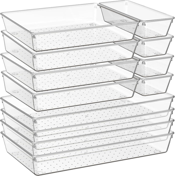 6 Pack Large Clear Plastic Drawer Organizer Trays, Acrylic Kitchen Drawer Organization and Storage Dividers, Non-Slip Storage Bins for Makeup, Kitchen Utensils, Bathroom, Jewelries and Office Desk
