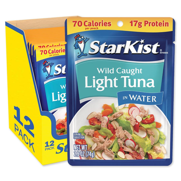 StarKist Chunk Light Tuna in Water, 2.6 oz Pouch (24 Pack) Ready to Eat Wild Caught Tuna, 17g Protein, 70 Calories Per Serving, Gluten Free, Soy Free, Kosher, Perfect for Salads, Keto Meals and Snacks