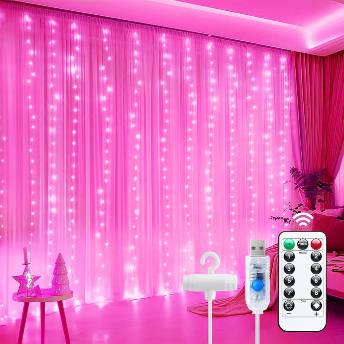 Minetom Curtain Lights, 300 LED Dimmable Fairy Lights with Remote and Timer, 8 Modes, USB Powered String Lights for Room Wall Party Xmas Indoor Decor, Warm White