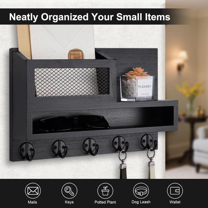 Key and Mail Holder Wall Mount, Key Hanger with Long Storage Box and 5 Hooks for Coat, Dog Leash, Home Decor Rack, House Accessories, Entry Way Organizer 11.8”W x 7.8”H x 3.2”D