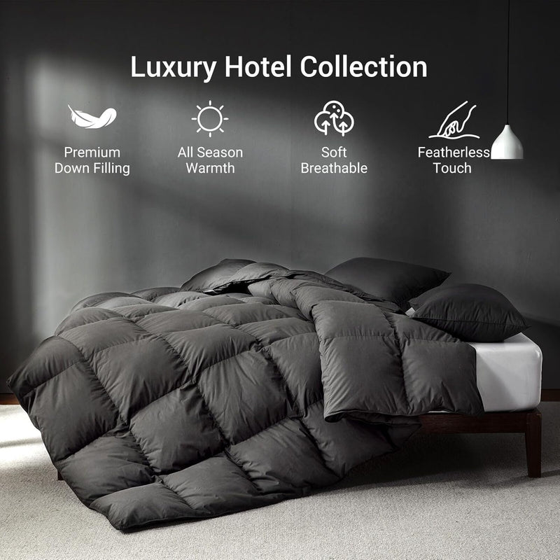 Grey Goose Feather Down Comforter Queen Size, Premium All Season Duvet Insert, 750+ Fill Power 1200TC Cotton Blend Fabric Hotel Style Comforter, 42 Oz Lightweight (90x90, Dark Grey)