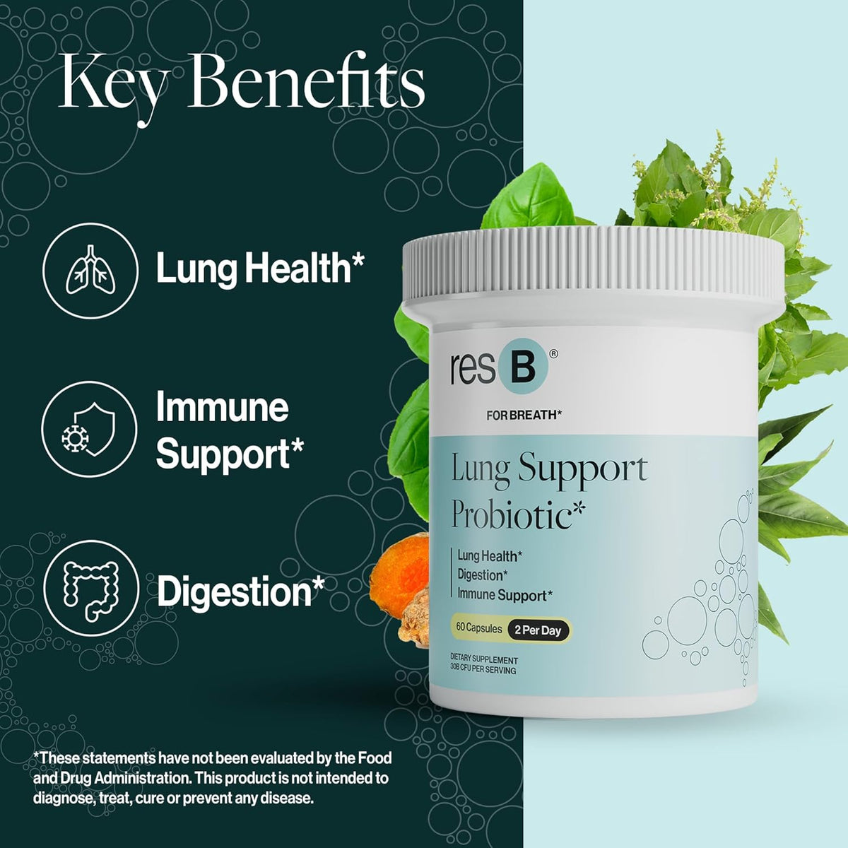 resB Lung Support Probiotic Supplement - Immune & Digestive Support, Lung Health Supplement for Smokers, Gut Health, Holy Basil & Turmeric, Clinically Trialed - 60 Capsules