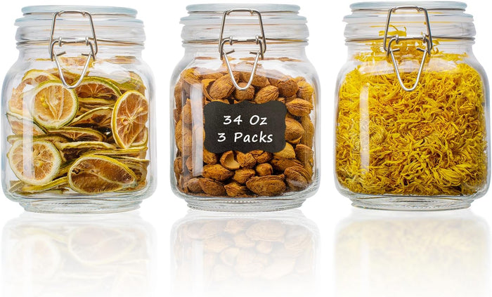 78oz Glass Food Storage Jars with Airtight Clamp Lids, 3 PCS Food Storage Canister for Kitchen & Pantry Organization, Square Mason Jar Containers for Storing Sugar, Flour, Cereal,Coffee,Cookies