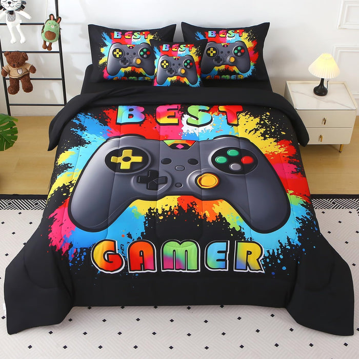 JQinHome Full Gamer Comforter Set,6 Piece Bed in A Bag 3D Video Game Bedding -All Season Down Alternative Gamer Bedding Sets - (Blue Game Controller)