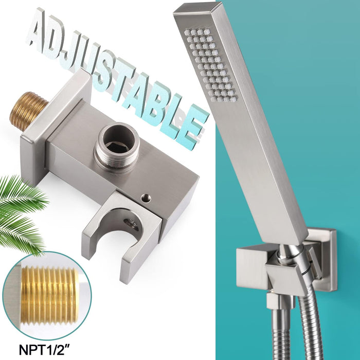 Enga Solid Brass High Pressure Hand Held Shower Wand Square Head with Adjustable Supply Elbow Wall Connector Shower Holder and Hose Set, Brushed Nickel