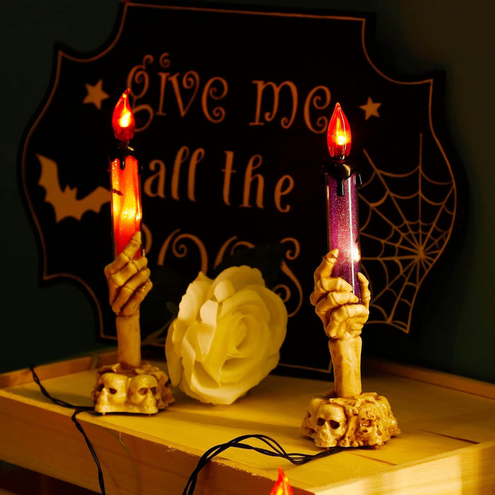 WATERGLIDE Halloween Candle Light Stakes, 5 Pack Skeleton Hands Hold Lighted Candle Pathway Makers, Waterproof Battery Operated with Timer, Light Up Figurine for Indoor Outdoor Holiday Party