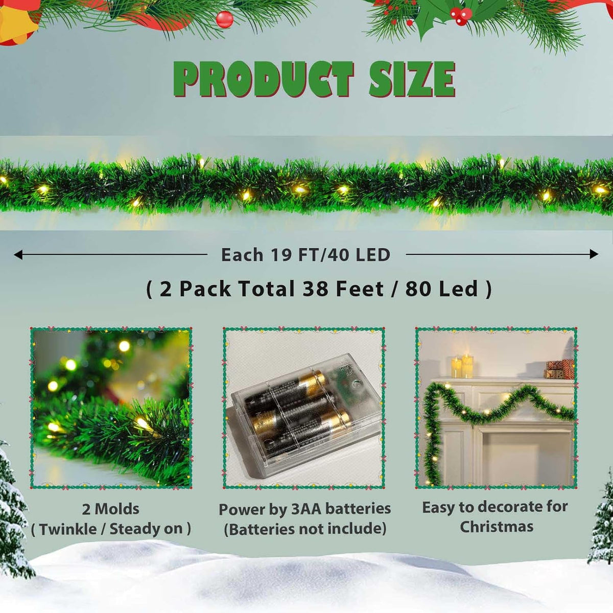 2 Pack Christmas Garland with Lights, Total 38 Feet 80 Led Battery Operated Pre-Lit Long Garland for Stairs Railing Fireplace Mantle Office Door Frame Decor Green Greenery Indoor Outdoor Decorations